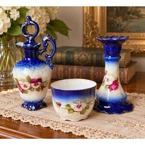 Antique Victoria Carlsbad Austria Cobalt Blue Porcelain Ewer Candlestick Cup Set